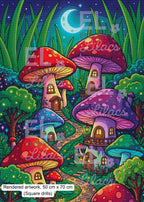Mushroom Village Diamond Painting Kit, Fantasy Cottagecore Forest Art - Eleven Lilacs