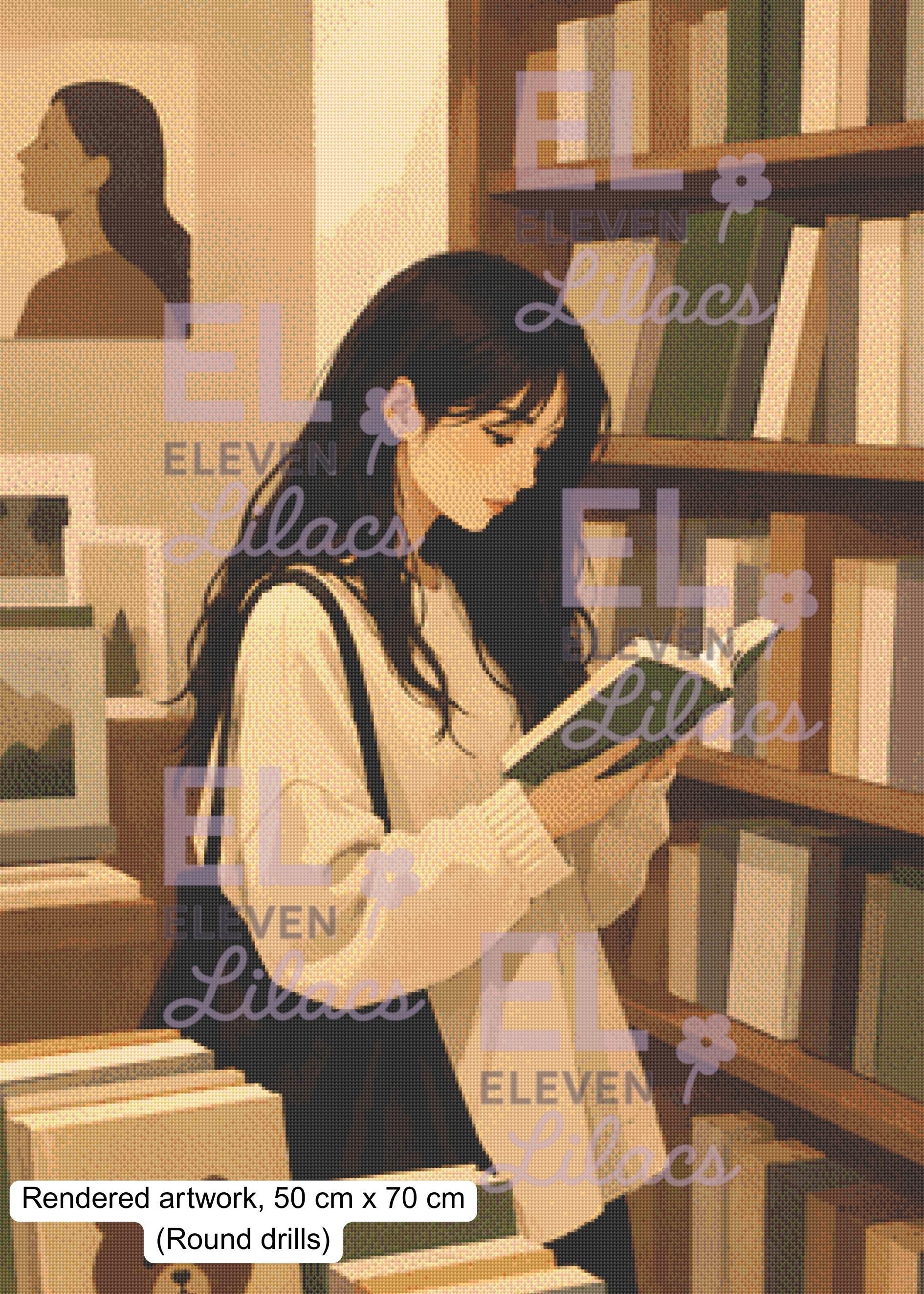 Quiet Chapters, Cozy Bookstore Girl Diamond Painting Art Kit - Eleven Lilacs