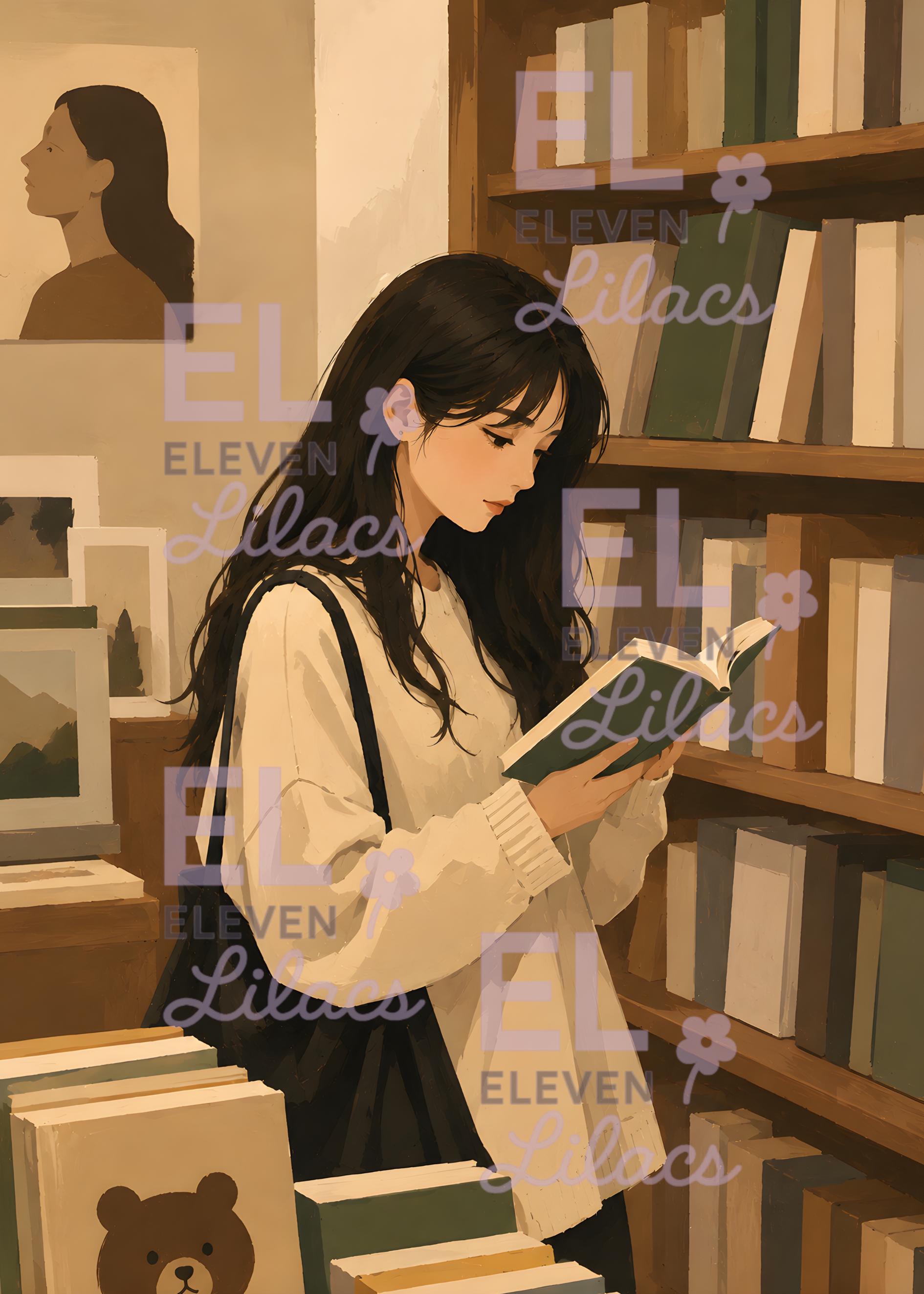 Quiet Chapters, Cozy Bookstore Girl Diamond Painting Art Kit - Eleven Lilacs