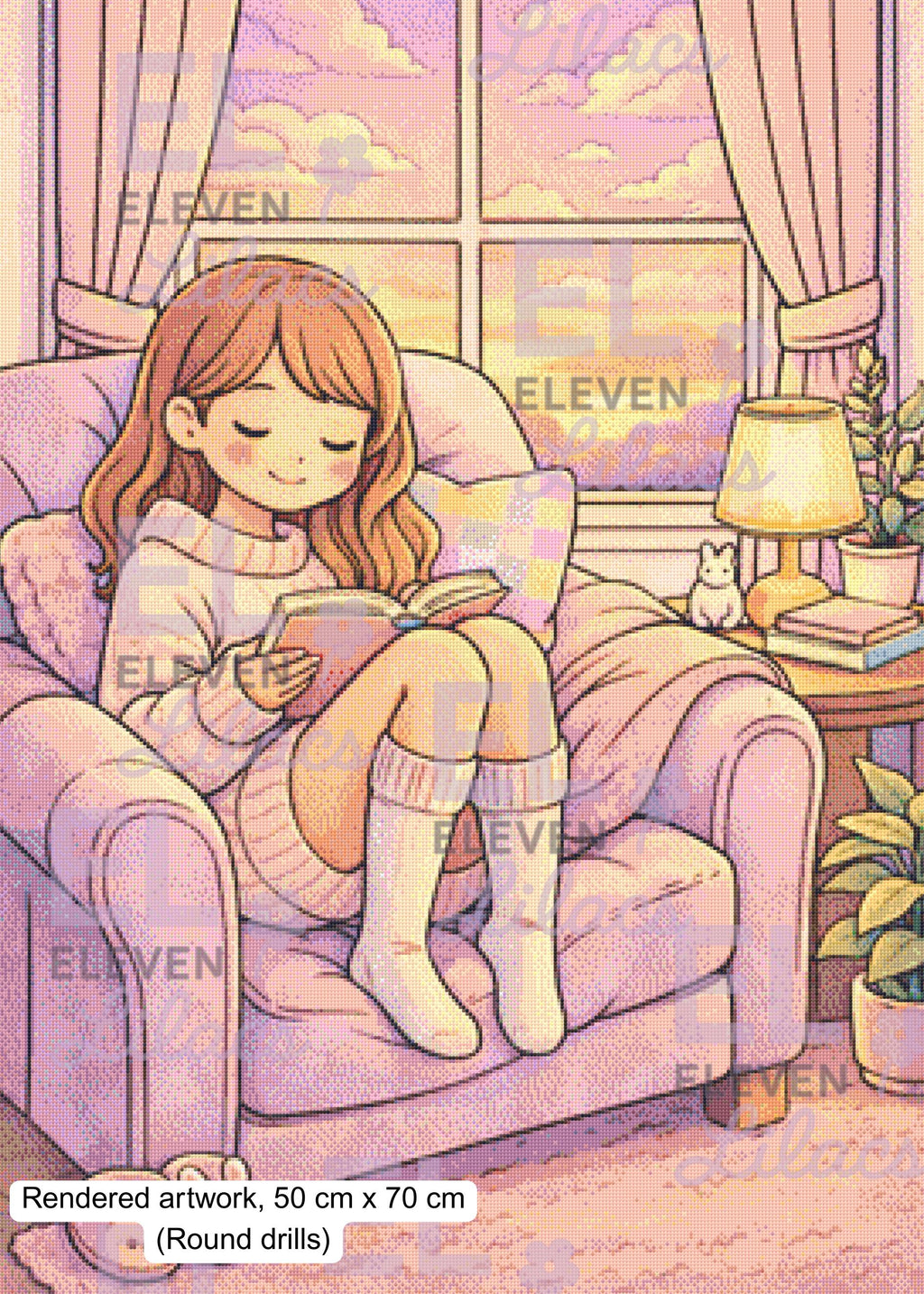 Quiet Moments, Cozy Reading Girl Diamond Painting Kit, Warm Sunset Scene - Eleven Lilacs