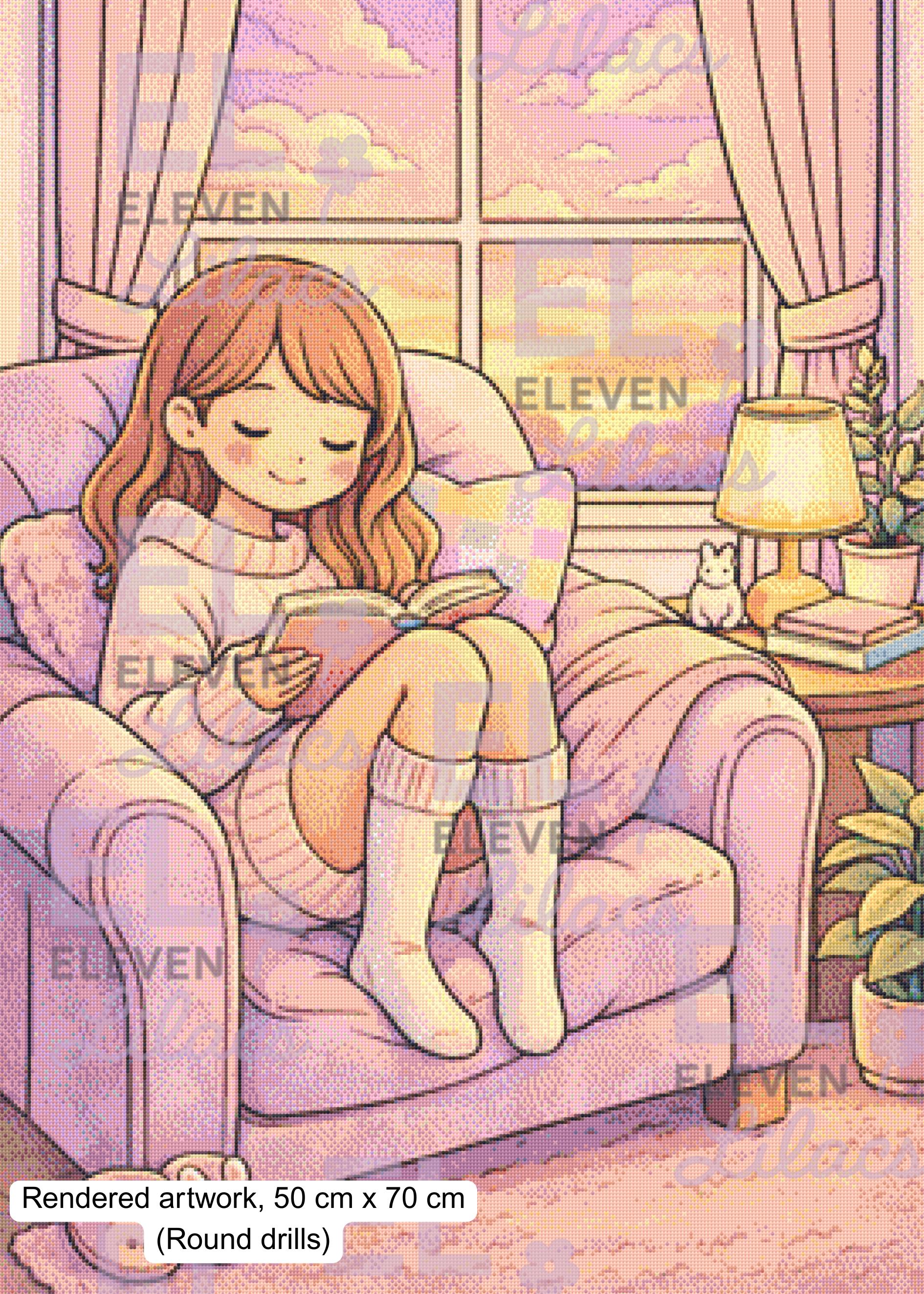 Quiet Moments, Cozy Reading Girl Diamond Painting Kit, Warm Sunset Scene - Eleven Lilacs