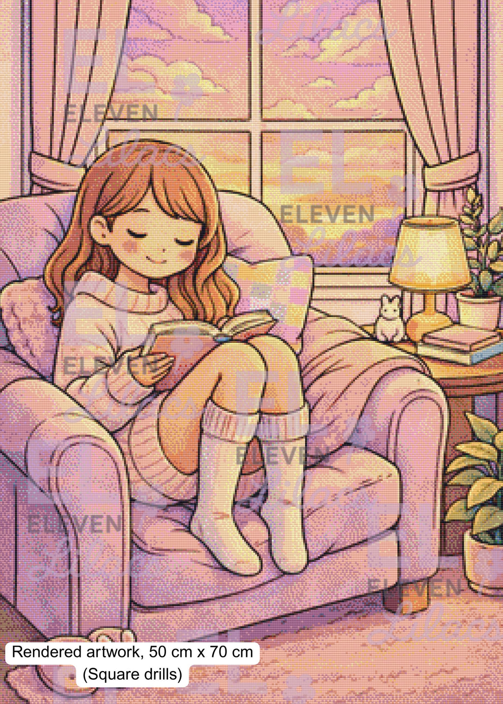 Quiet Moments, Cozy Reading Girl Diamond Painting Kit, Warm Sunset Scene - Eleven Lilacs