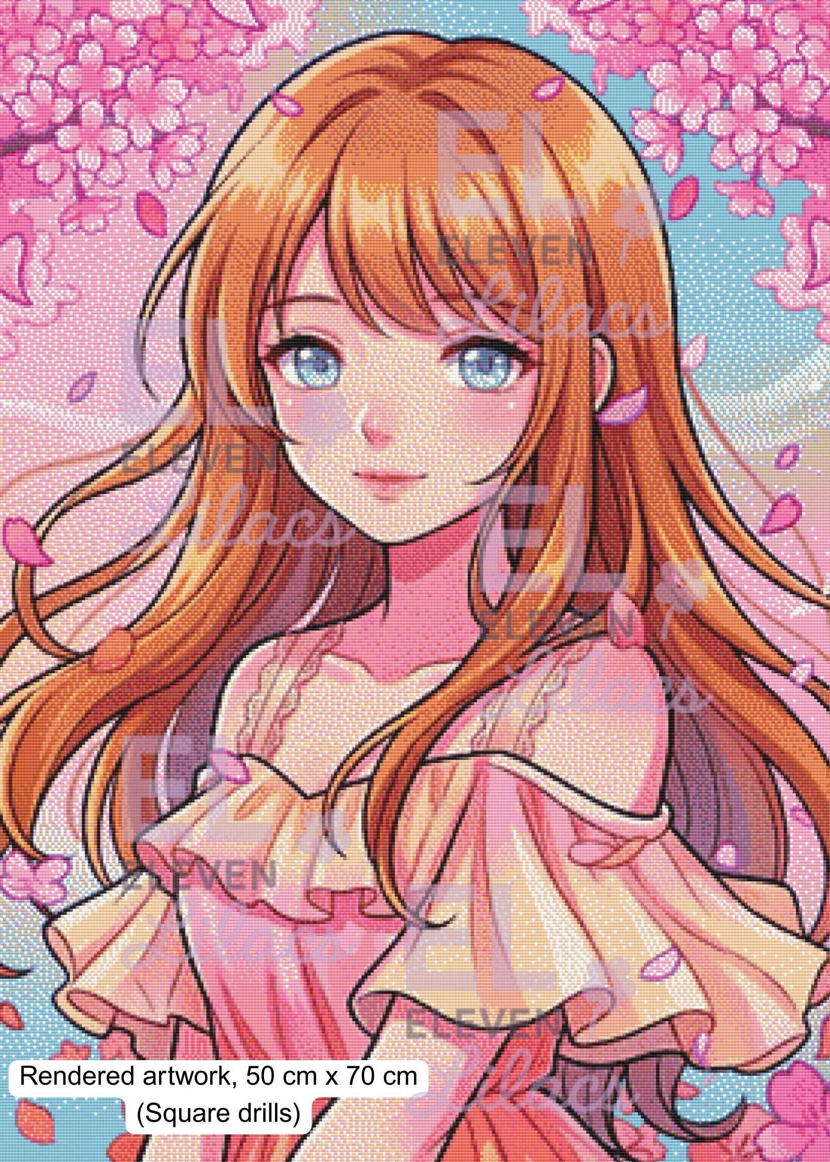 Sakura Cherry Blossom Girl Diamond Painting Kit, Anime Floral Portrait Diamond Art - Eleven Lilacs