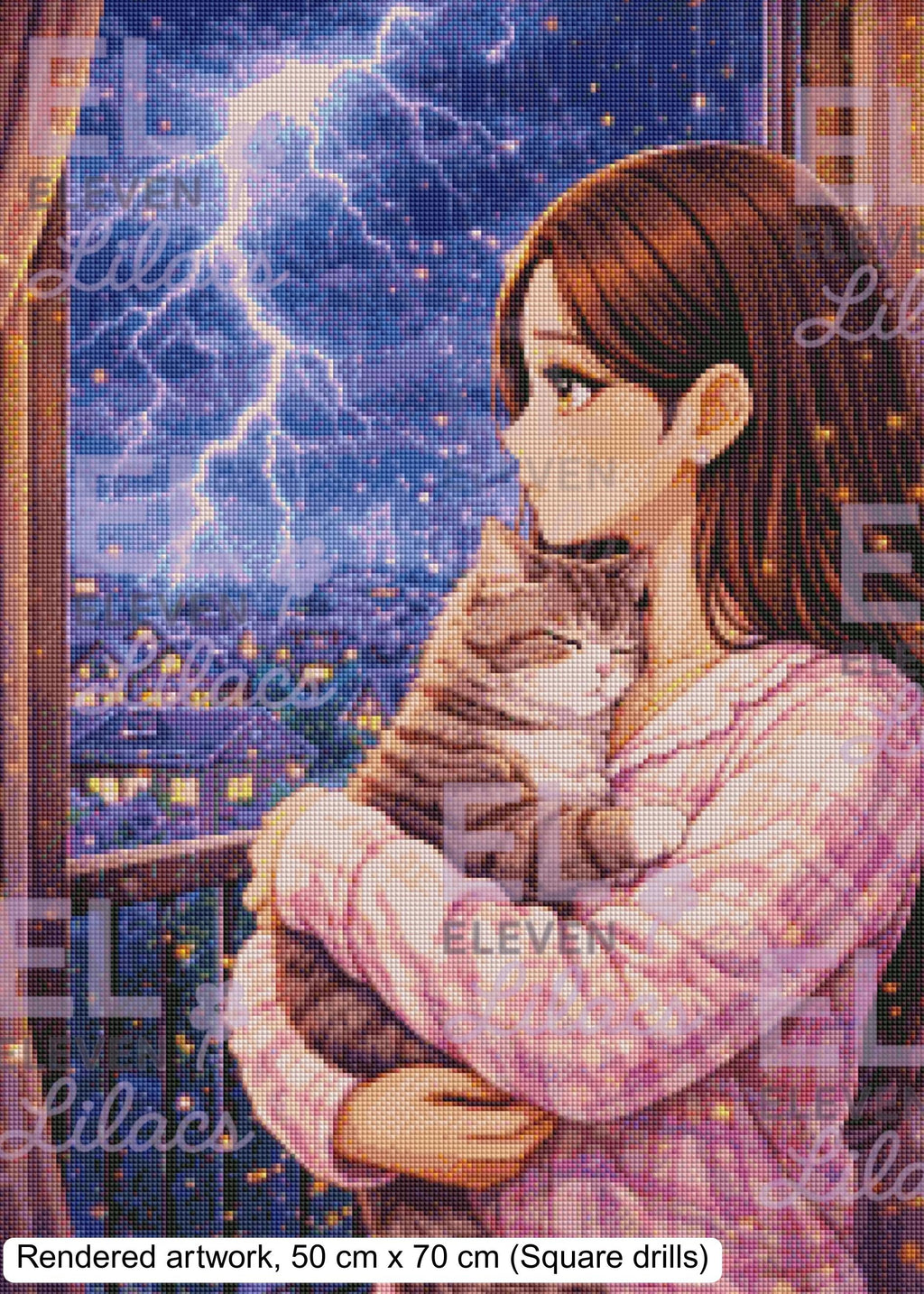 Stormy Night Diamond Painting Kit, Girl and Cat Cozy Art - Eleven Lilacs