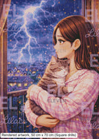 Stormy Night Diamond Painting Kit, Girl and Cat Cozy Art - Eleven Lilacs