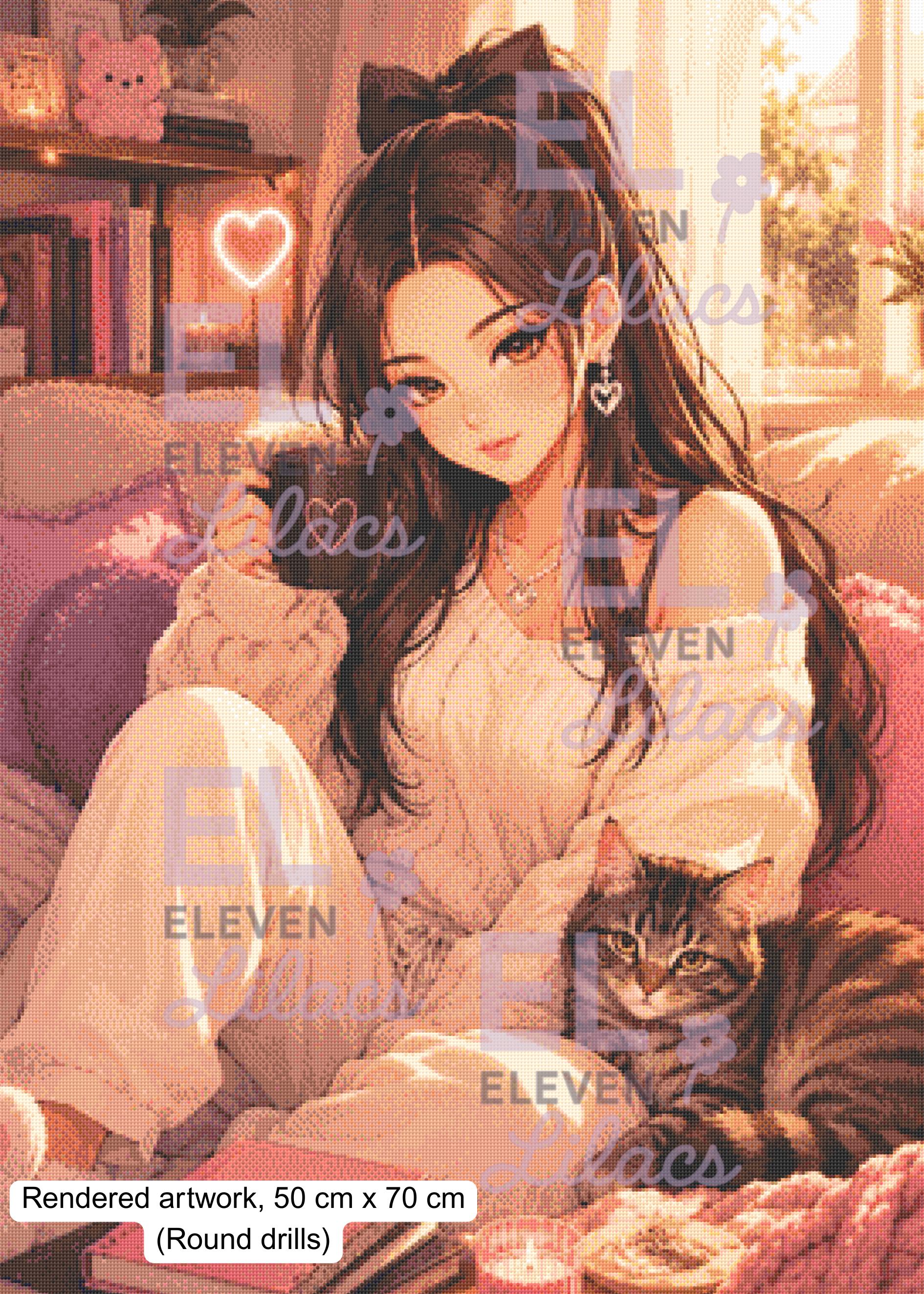 Sydney & Stripes Cozy Morning Diamond Painting Kit, Girl with Cat Diamond Art - Eleven Lilacs