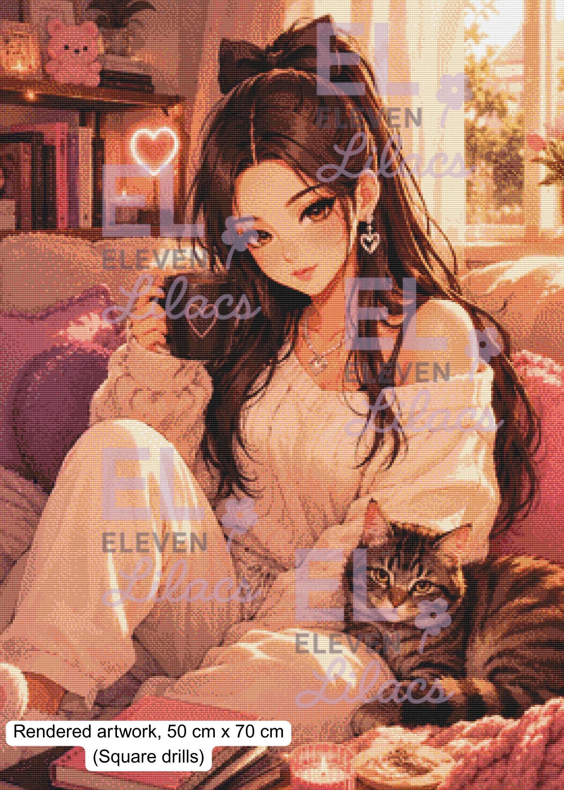 Sydney & Stripes Cozy Morning Diamond Painting Kit, Girl with Cat Diamond Art - Eleven Lilacs