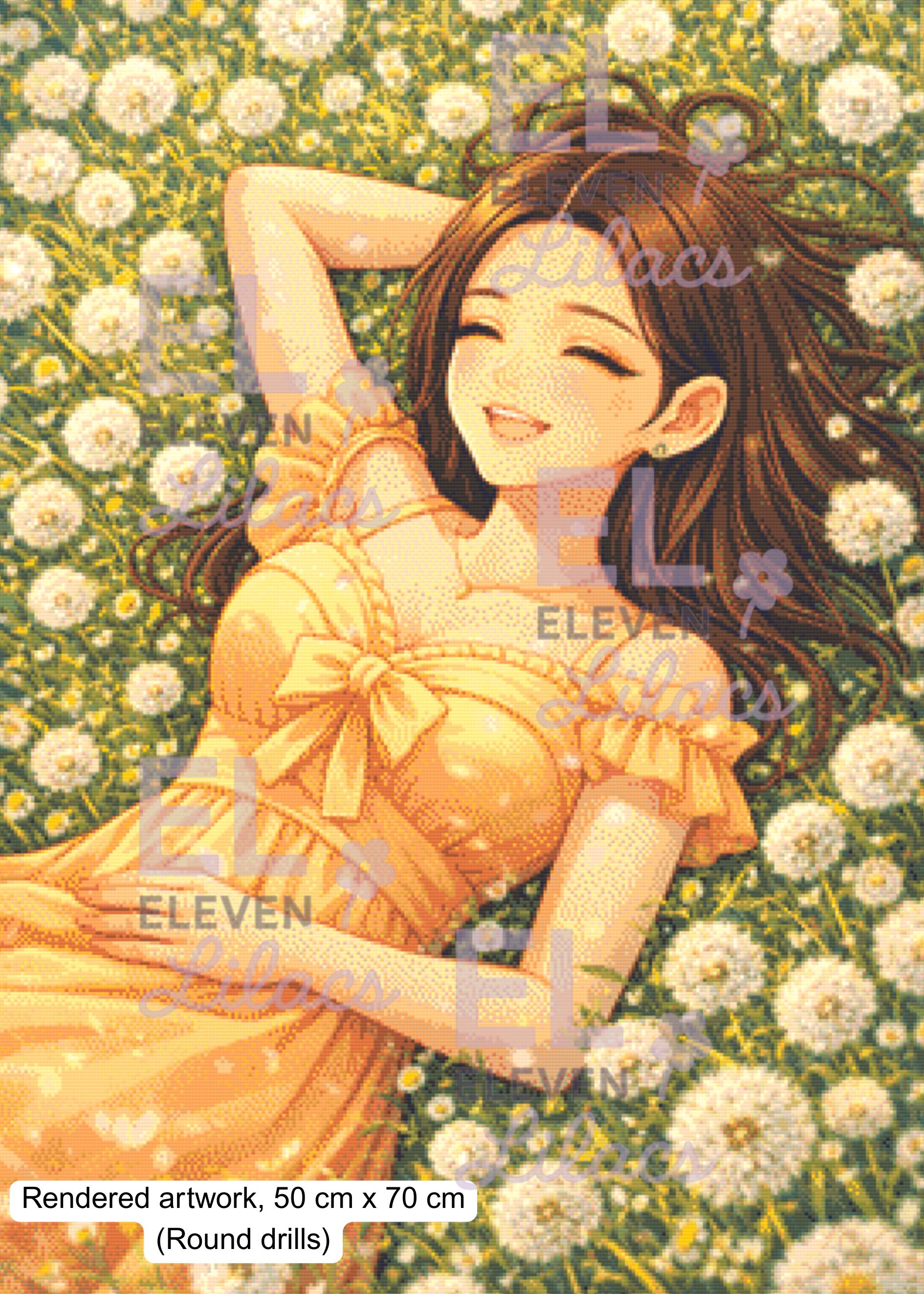 Sydney’s Golden Daydream Diamond Painting Kit, Cozy Girl Flower Field - Eleven Lilacs
