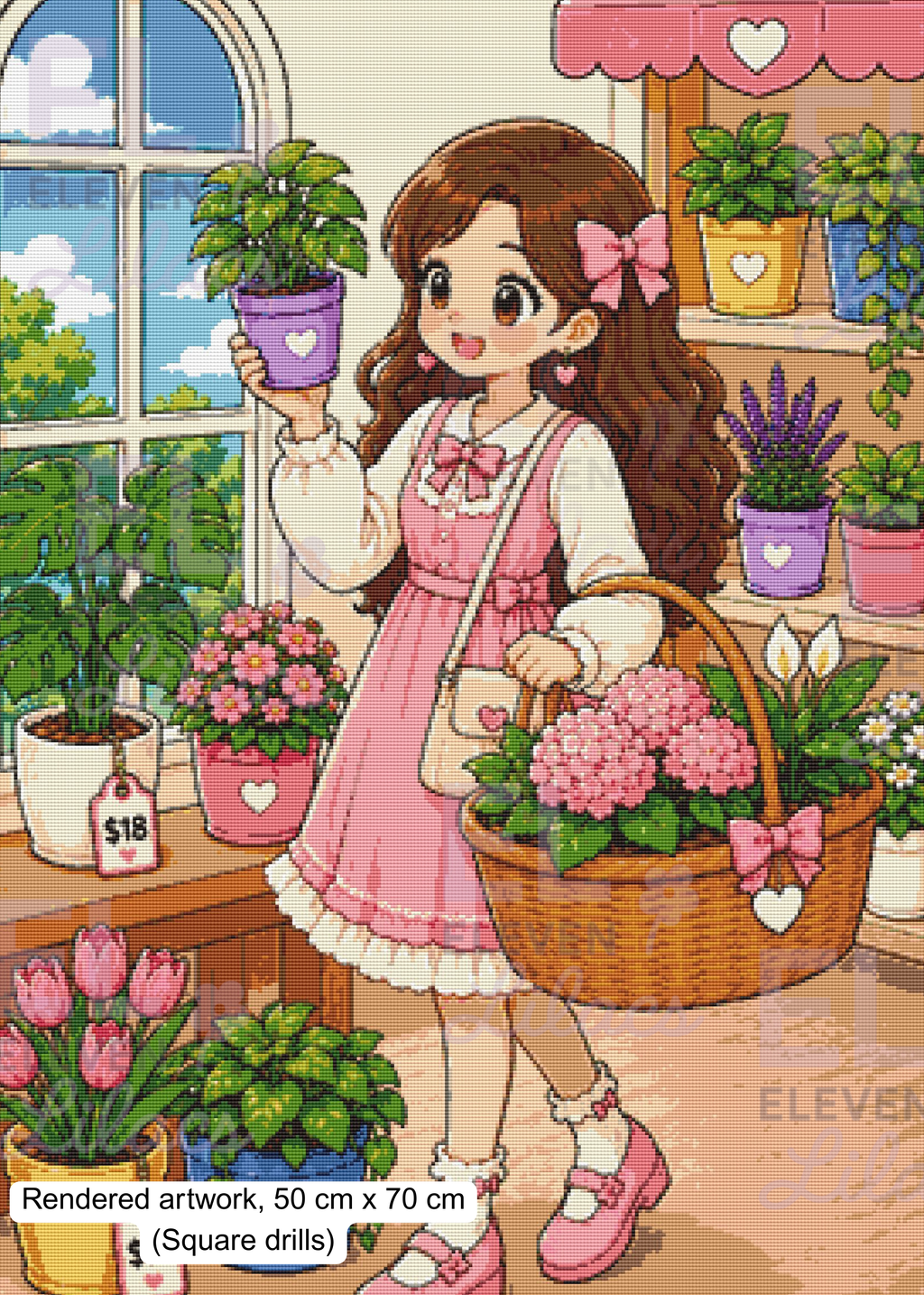 Tiny Plant Shop Diamond Painting Kit, Anime Girl, Pastel Plants Diamond Art - Eleven Lilacs