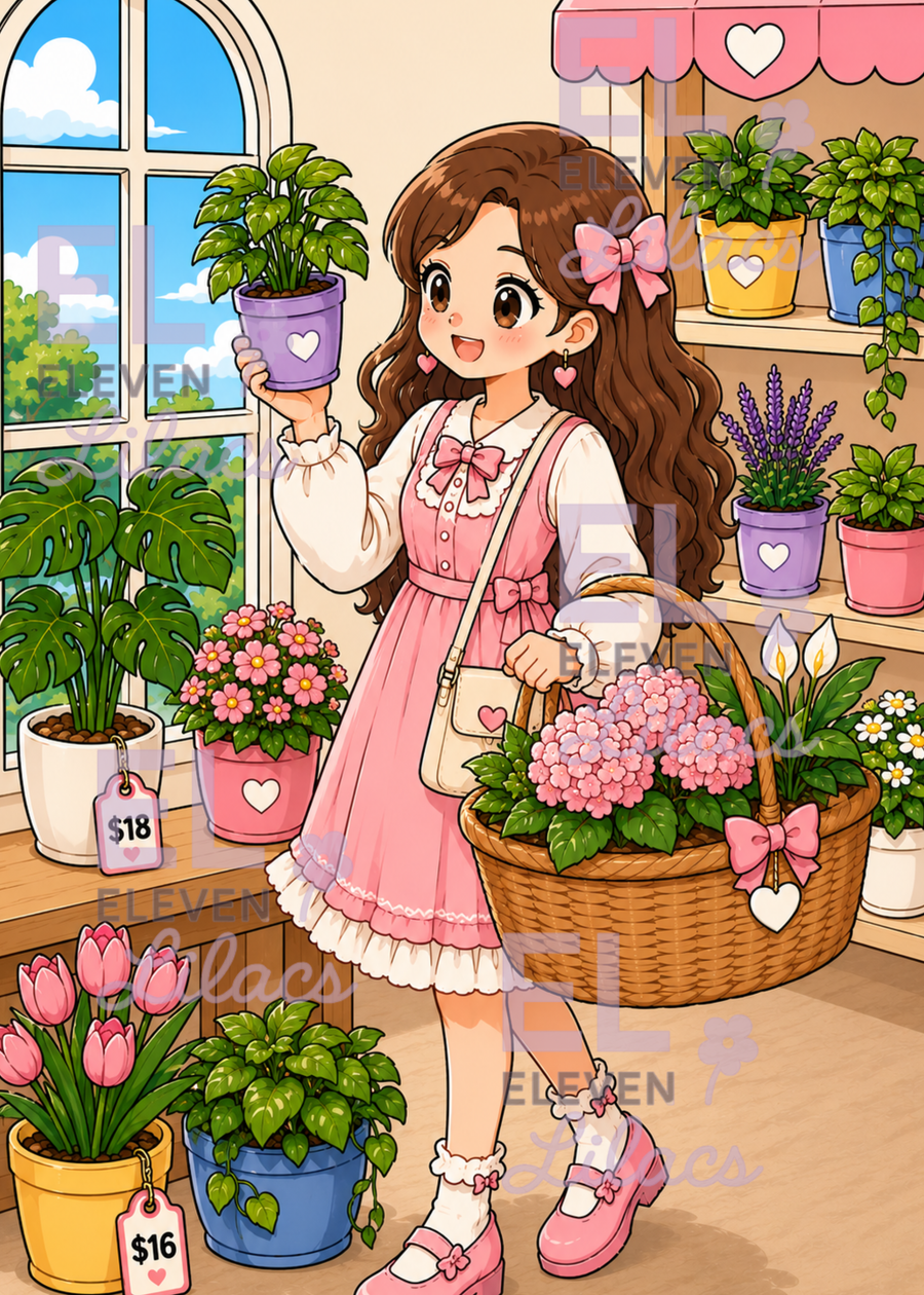 Tiny Plant Shop Diamond Painting Kit, Anime Girl, Pastel Plants Diamond Art - Eleven Lilacs