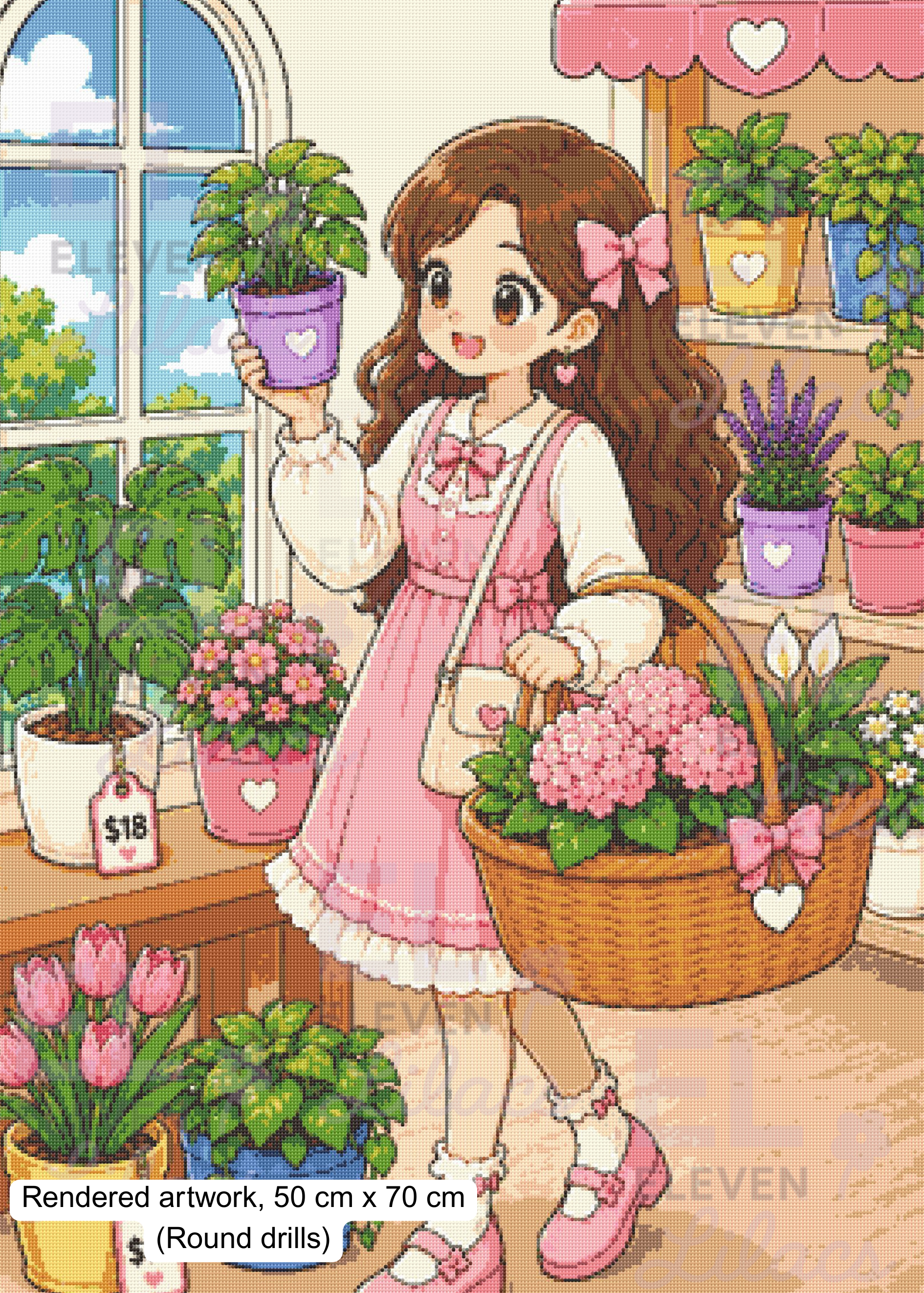Tiny Plant Shop Diamond Painting Kit, Anime Girl, Pastel Plants Diamond Art - Eleven Lilacs