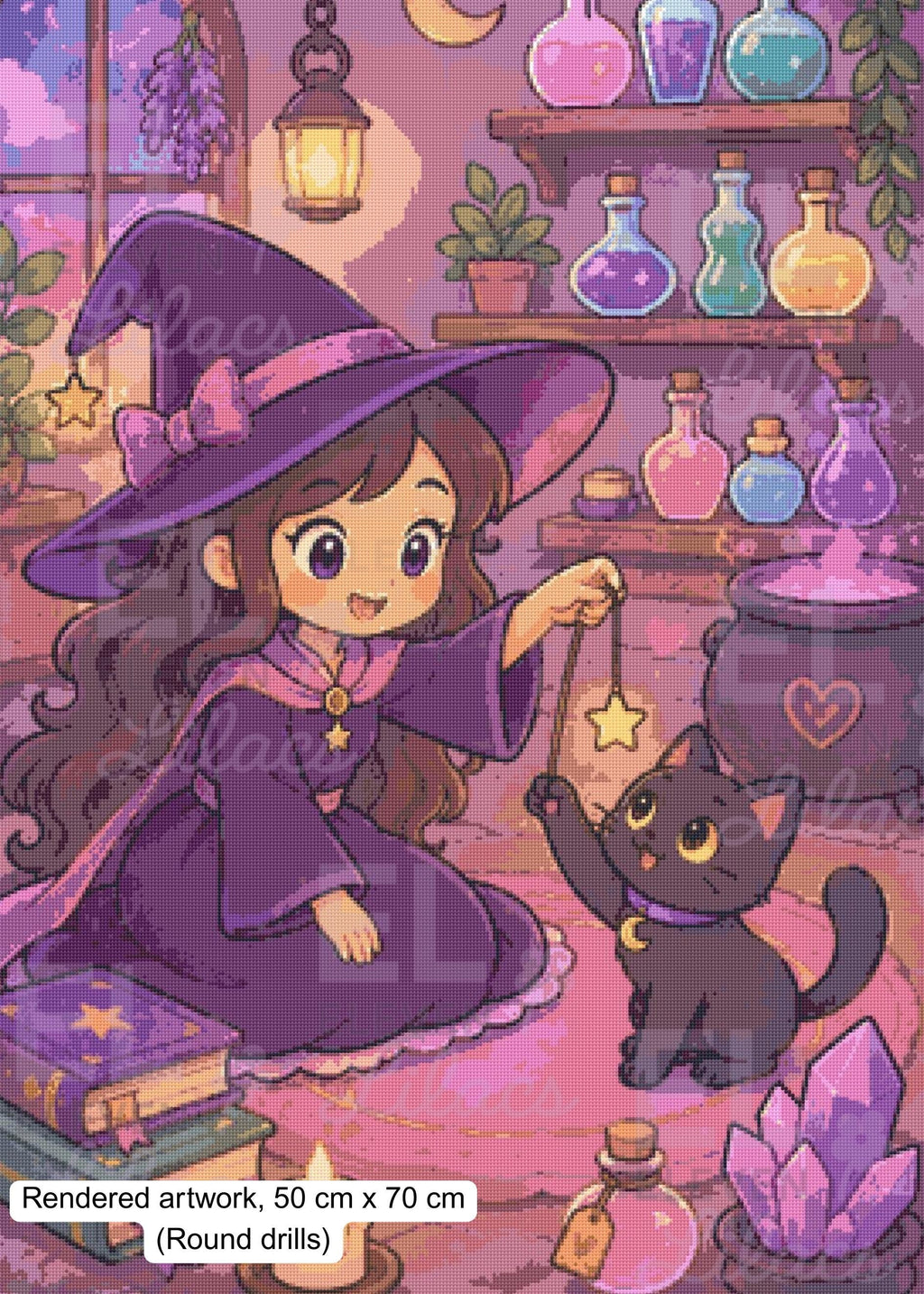 Witch and Her Familiar Diamond Painting Kit, Chibi Witch, Black Cat - Eleven Lilacs