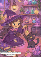 Witch and Her Familiar Diamond Painting Kit, Chibi Witch, Black Cat - Eleven Lilacs
