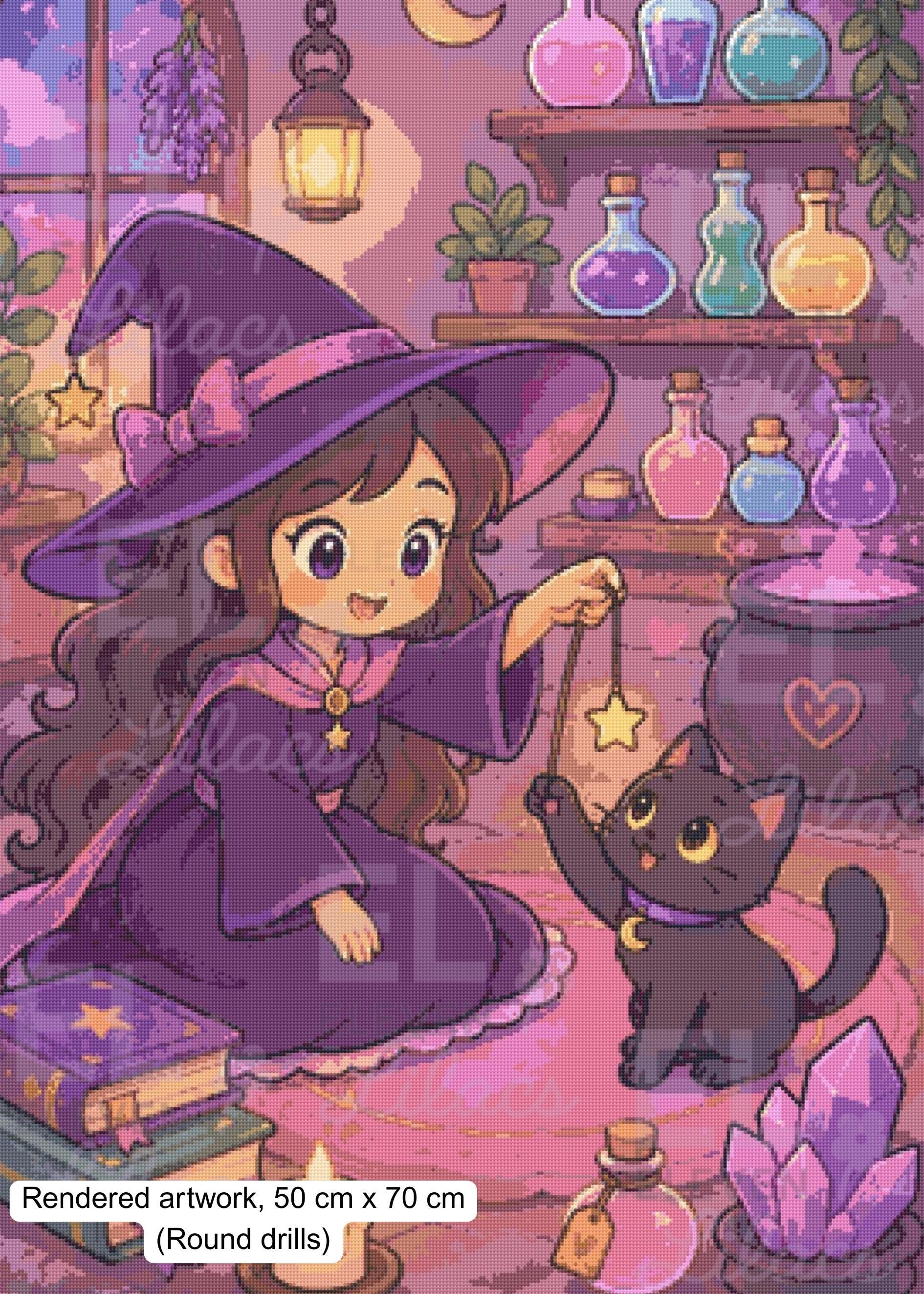 Witch and Her Familiar Diamond Painting Kit, Chibi Witch, Black Cat - Eleven Lilacs