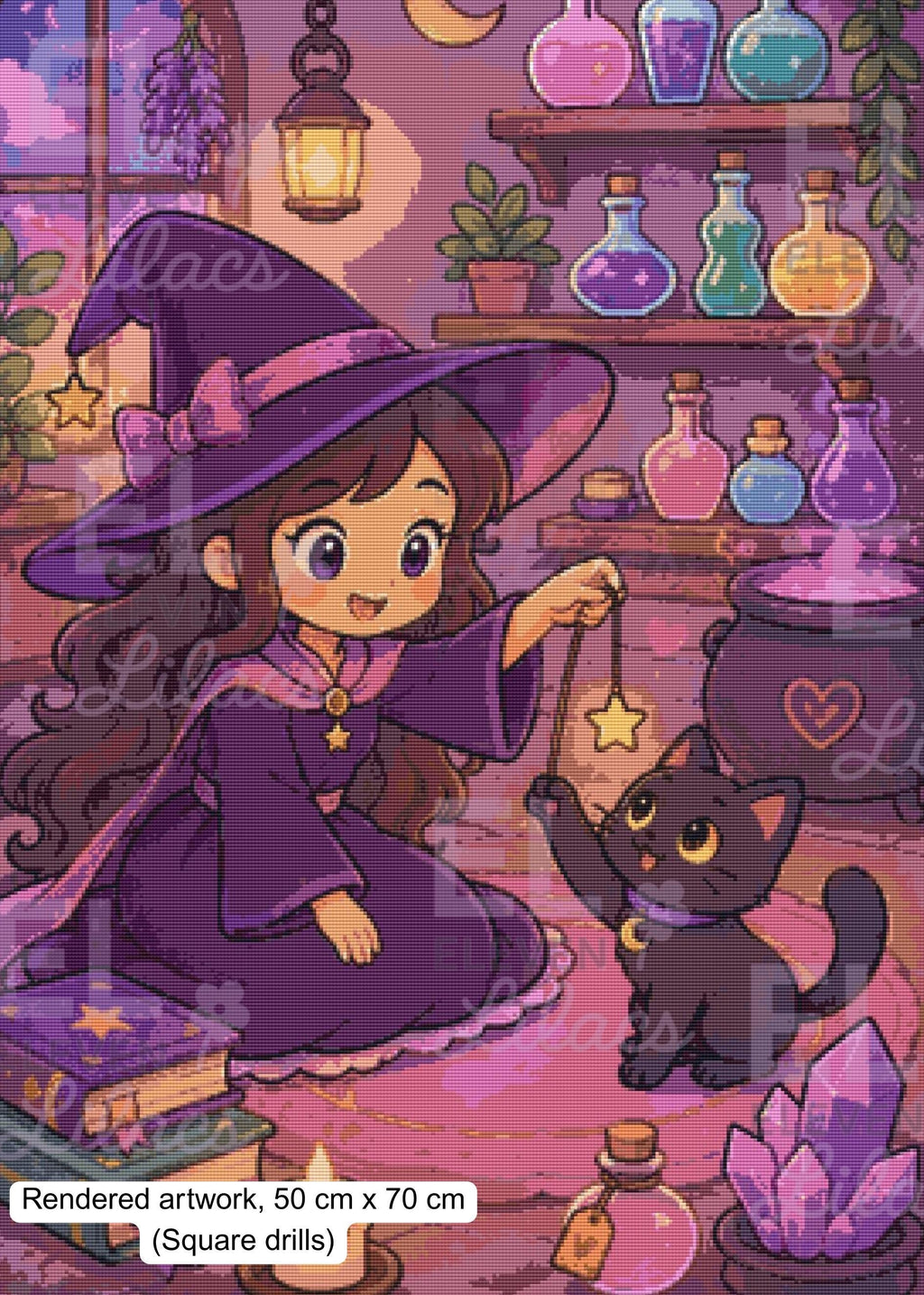 Witch and Her Familiar Diamond Painting Kit, Chibi Witch, Black Cat - Eleven Lilacs