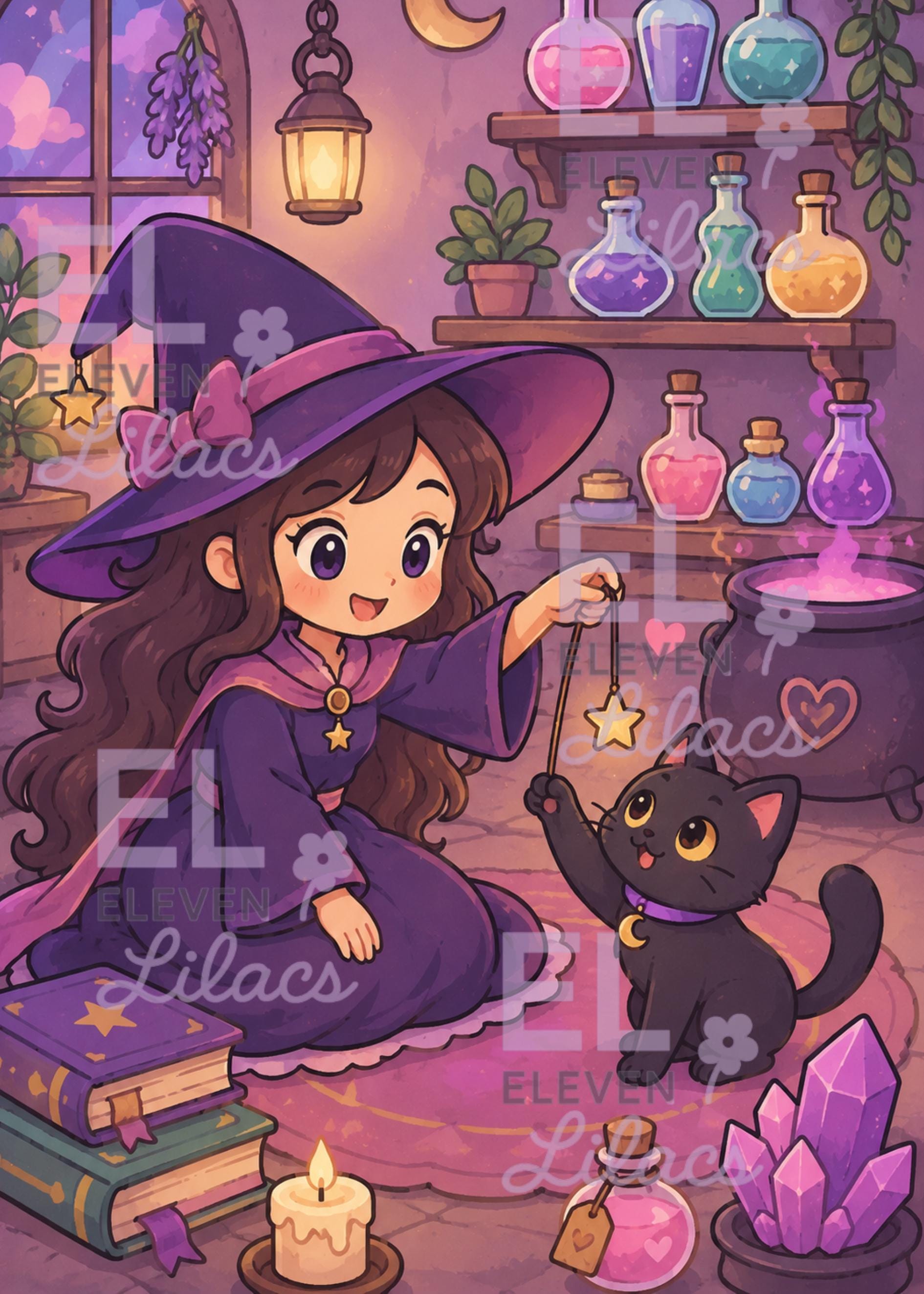 Witch and Her Familiar Diamond Painting Kit, Chibi Witch, Black Cat - Eleven Lilacs