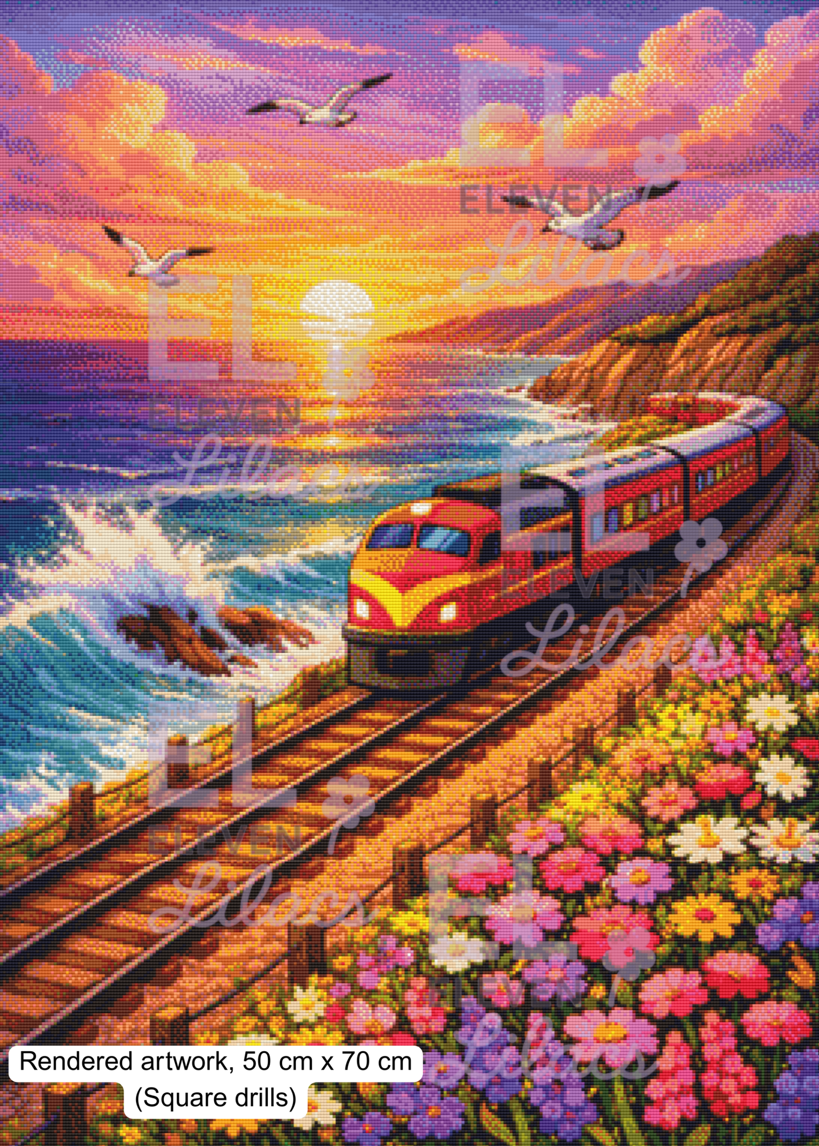 Sunset Coastal Train Diamond Painting Kit, Seaside Railway Landscape Art, Flowers Waves Diamond Art 2 Sunset Coastal Train Diamond Painting Kit square