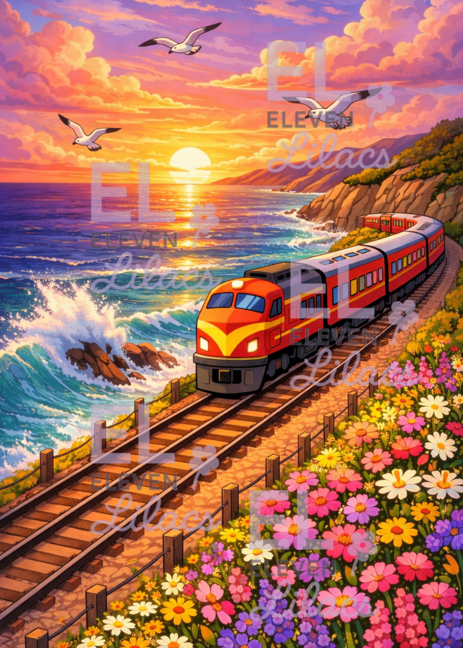 Sunset Coastal Train Diamond Painting Kit, Seaside Railway Landscape Art, Flowers Waves Diamond Art 1 Sunset Coastal Train Diamond Painting Kit