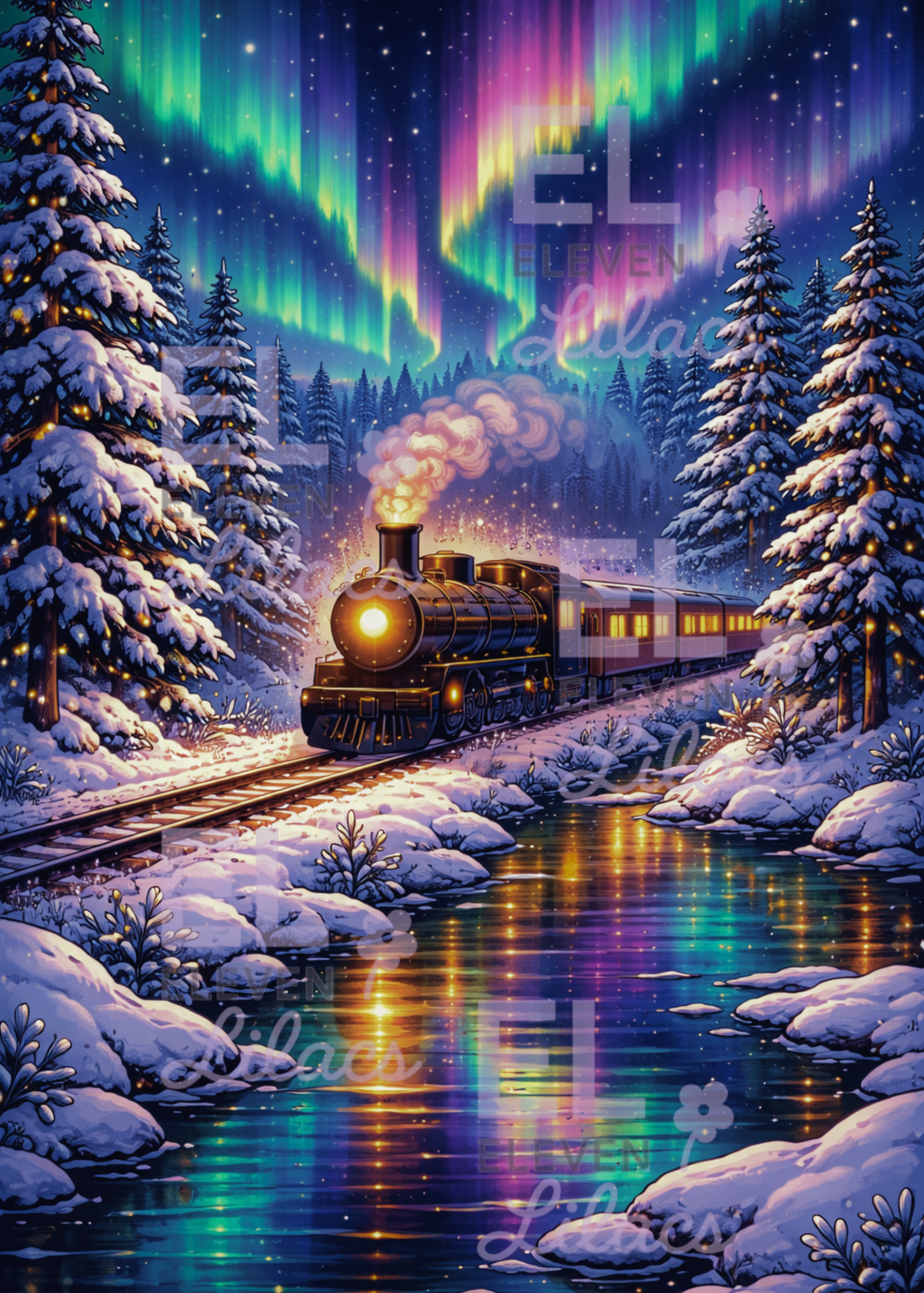 Aurora Borealis Train Diamond Painting Kit, Winter Railway Scene Diamond Art 1 Aurora Borealis Train Diamond Painting Kit