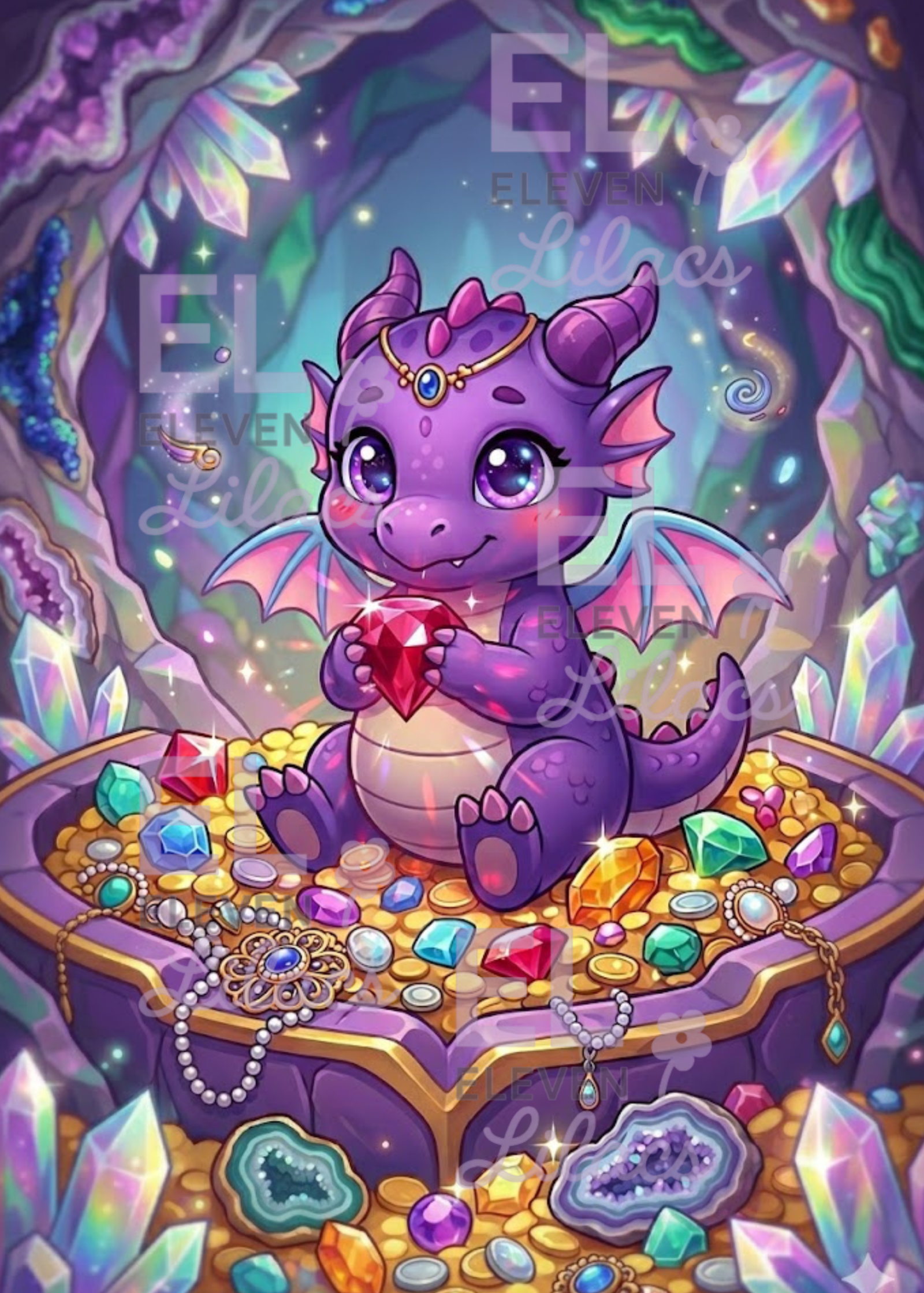 Baby Dragon Treasure Diamond Painting Kit, Kawaii Fantasy Dragon Diamond Art 1 Baby Dragon Treasure Diamond Painting Kit