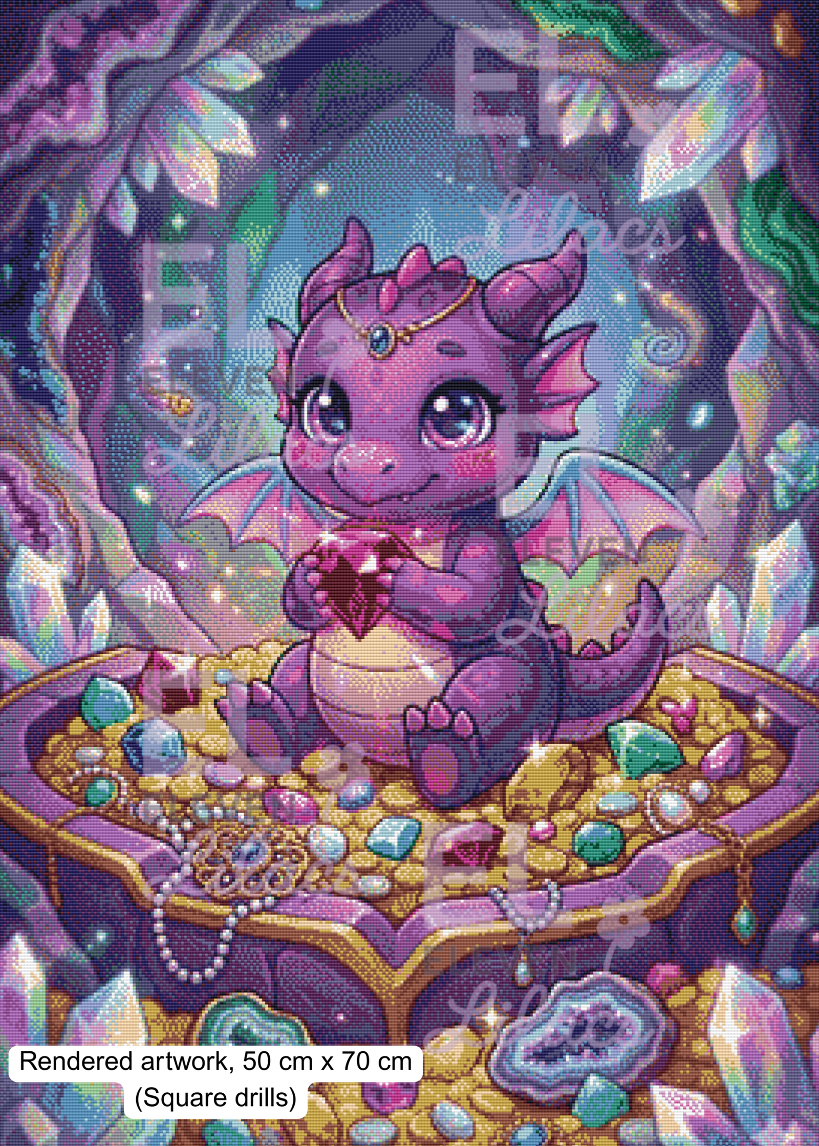 Baby Dragon Treasure Diamond Painting Kit, Kawaii Fantasy Dragon Diamond Art 2 Cute Baby Dragon Treasure sq