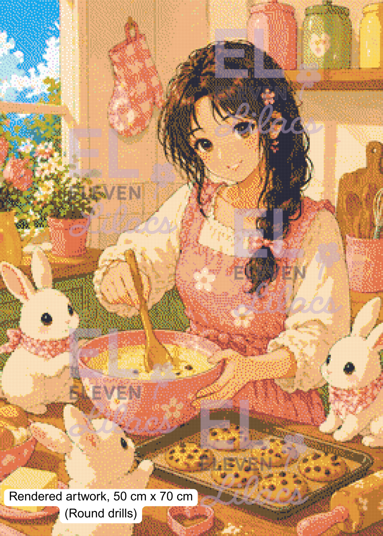Elara Baking Day Diamond Painting Kit, Girl, Bunnies, Cozy Kitchen, AB Fairy Dust Drills 3 Elara Baking Day ro