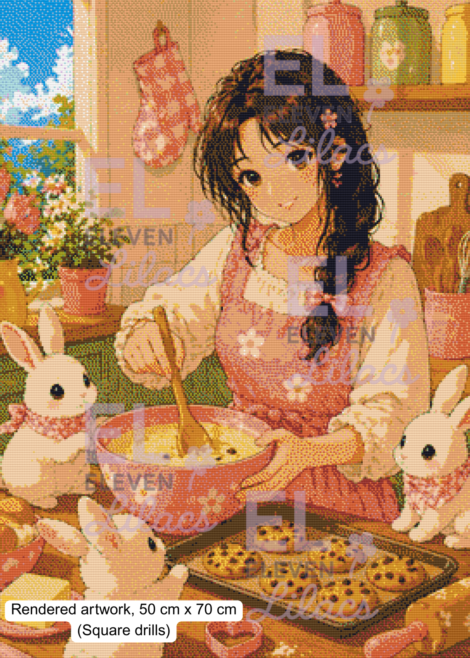 Elara Baking Day Diamond Painting Kit, Girl, Bunnies, Cozy Kitchen, AB Fairy Dust Drills 2 Elara Baking Day sq