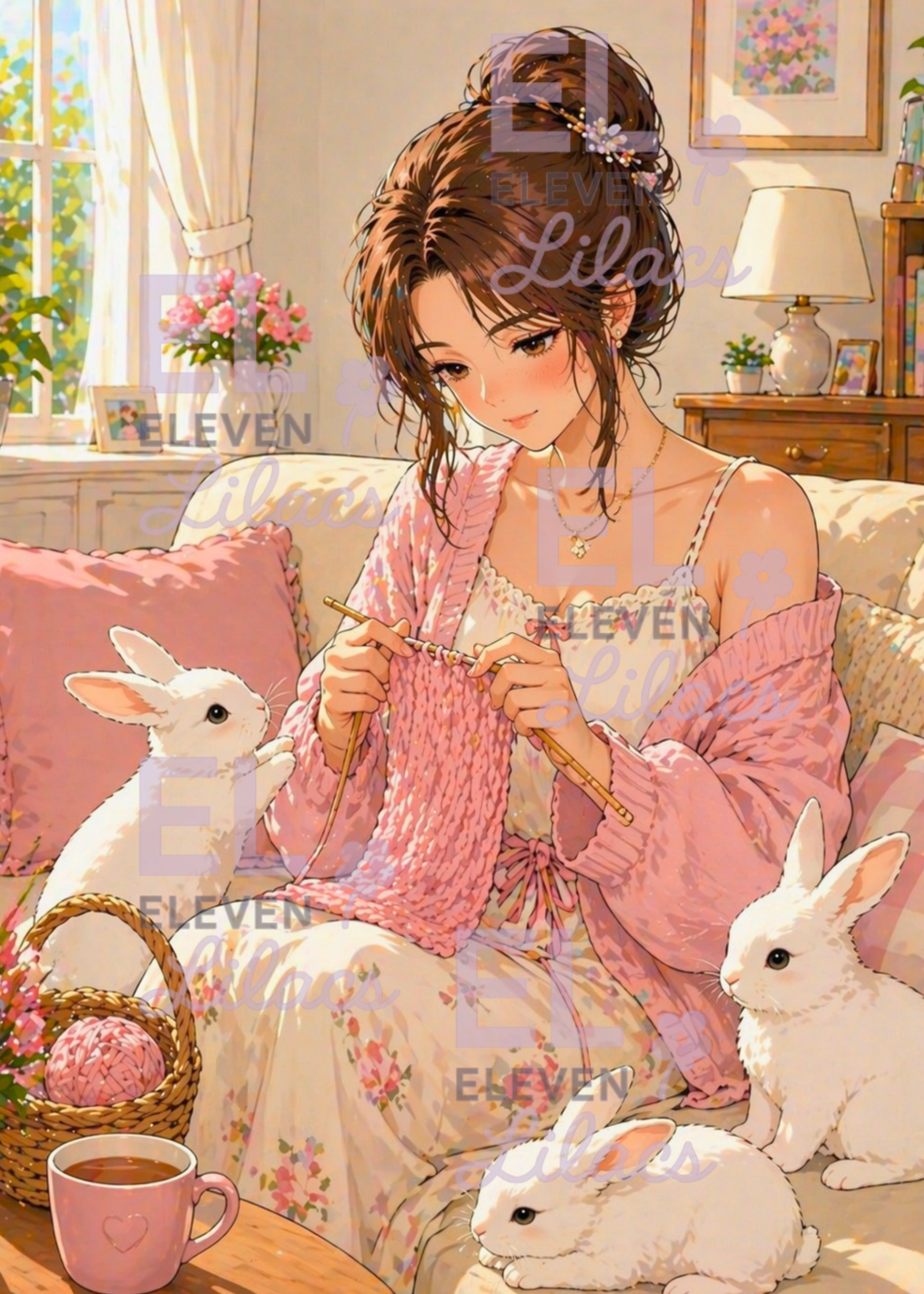 Elara's Cozy Knitting Day Diamond Painting Kit, Elara & Bunnies Art 1 Knitting Day Diamond Painting Kit