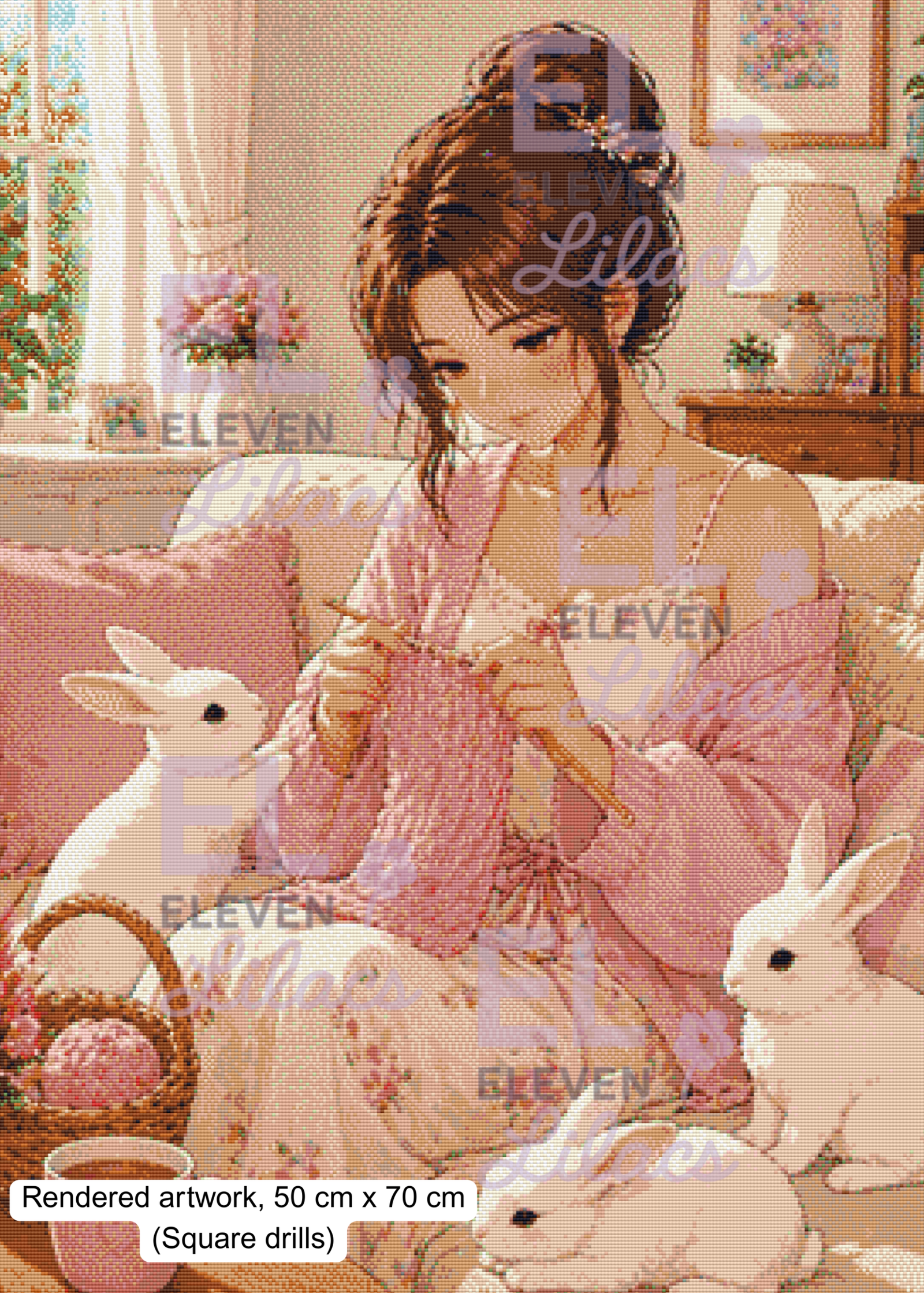 Elara's Cozy Knitting Day Diamond Painting Kit, Elara & Bunnies Art 2 Elara Cozy Knitting Day with Bunnies sq