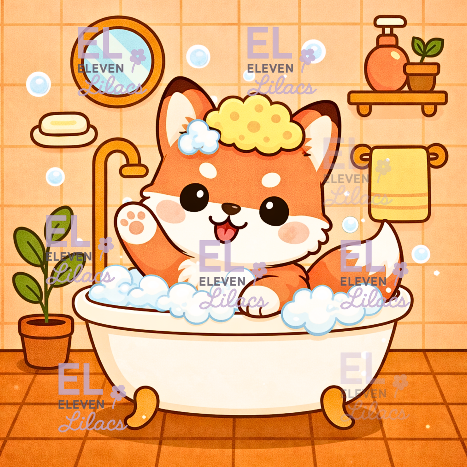 Bubble Bath Fox Diamond Painting Kit, Kawaii Animal Diamond Art 1 Bubble Bath Fox Diamond Painting Kit