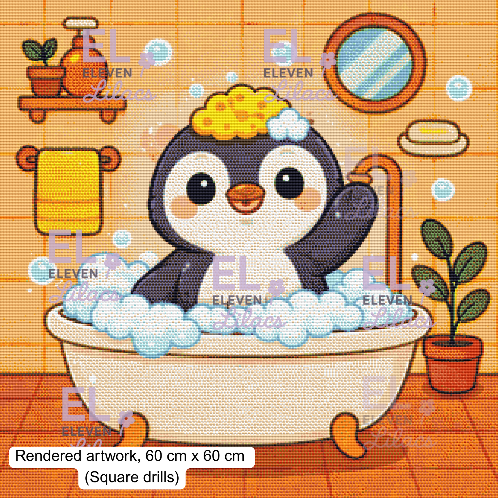 Bubble Bath Penguin Diamond Painting Kit, Kawaii Animal Diamond Art 2 Kawaii Penguin Bubble Bath, square