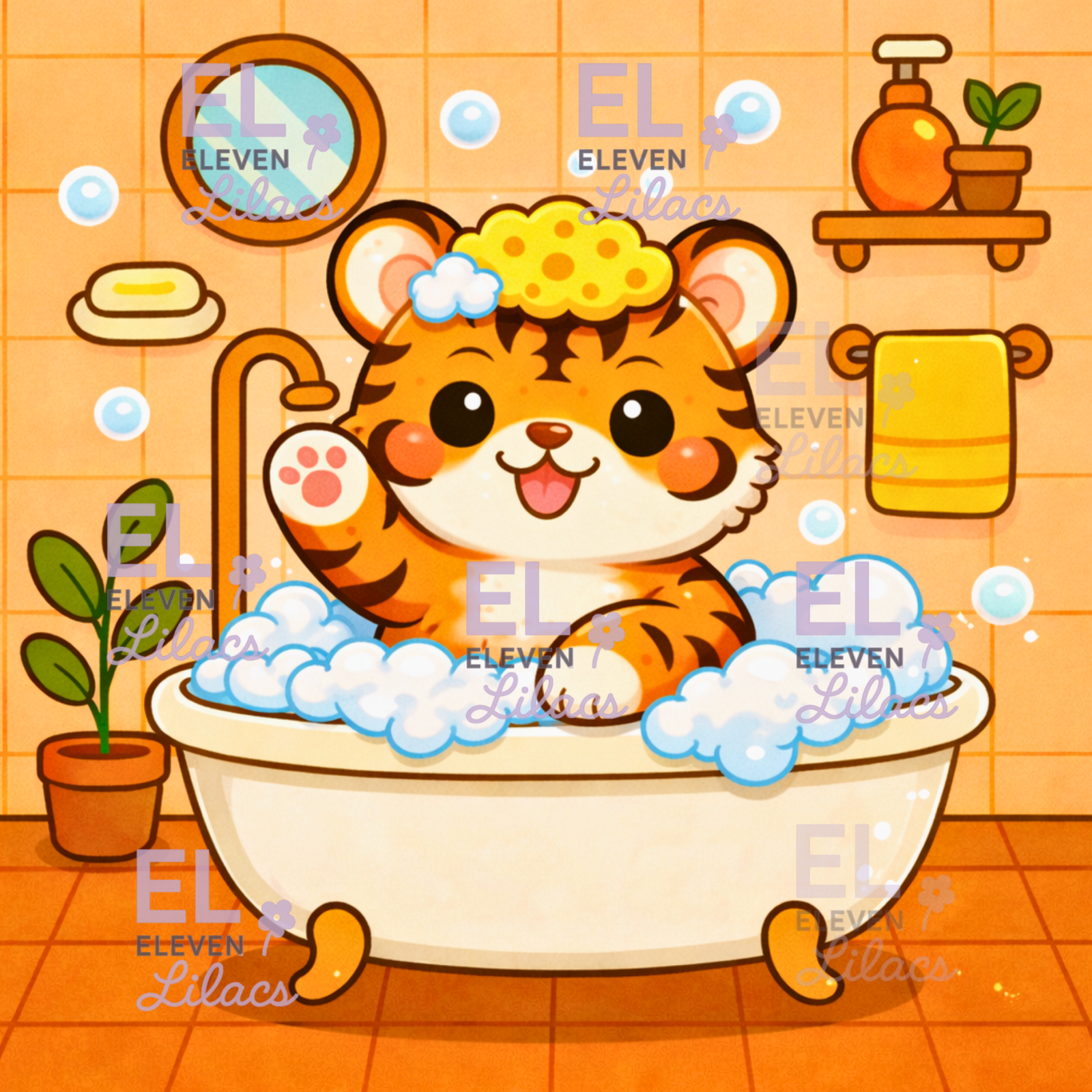 Bubble Bath Tiger Diamond Painting Kit, Kawaii Animal Diamond Art 1 Bubble Bath Tiger Diamond Painting Kit