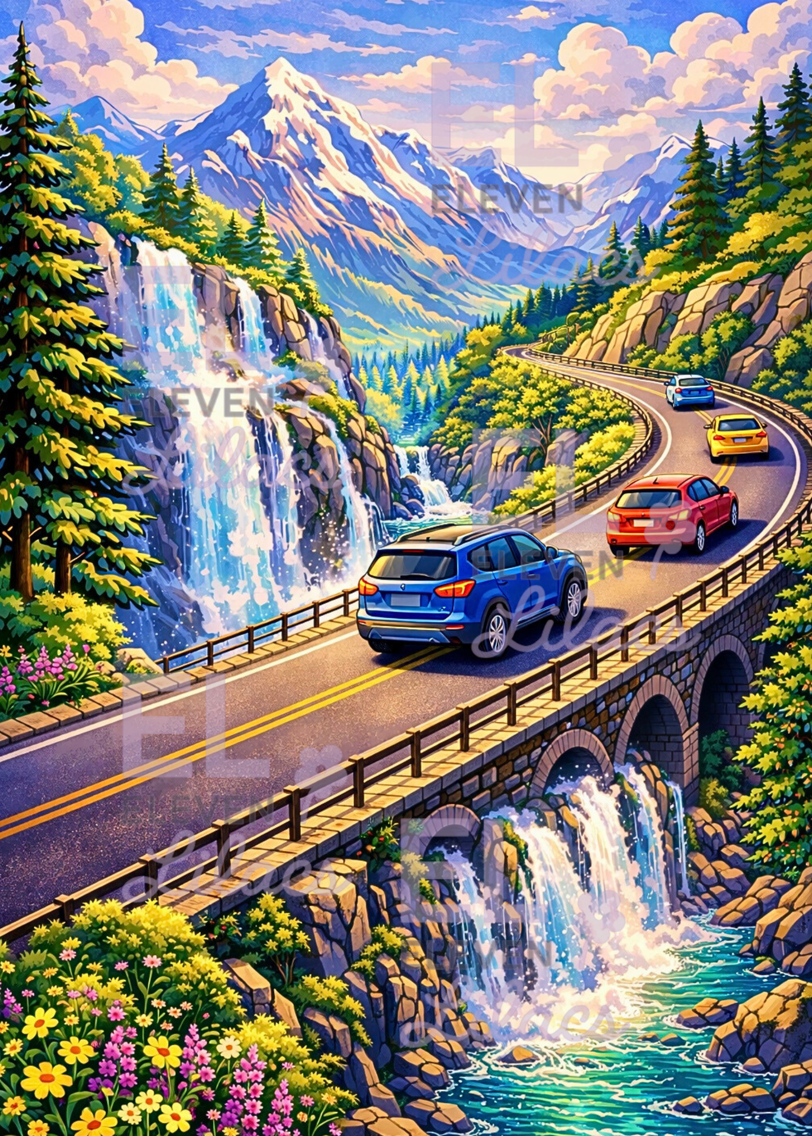Mountain Waterfall Scenic Drive Diamond Painting Kit, Cars and Mountains Diamond Art 1 Mountain Waterfall Scenic Drive Diamond Painting Kit