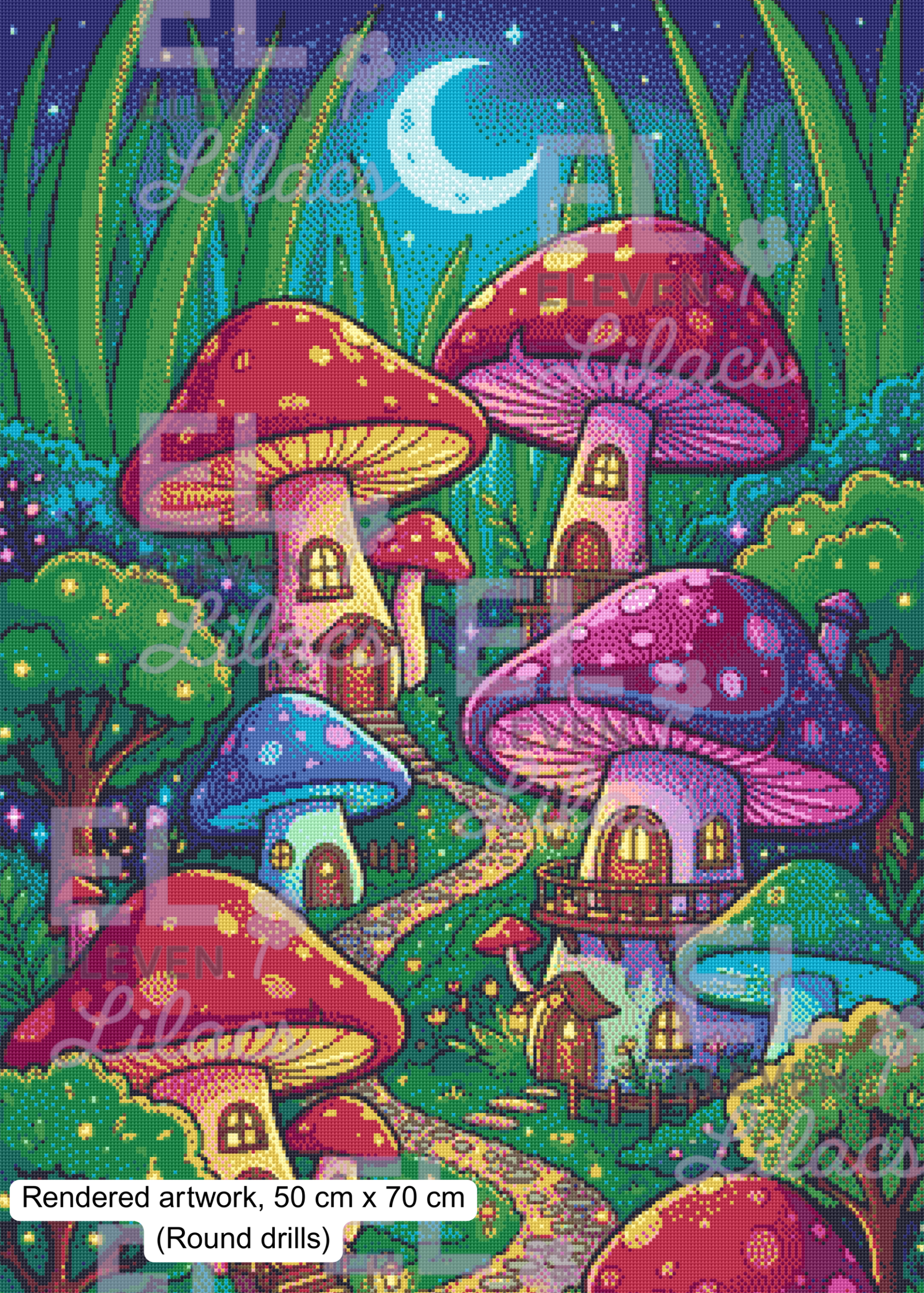 Mushroom Village Diamond Painting Kit, Fantasy Cottagecore Forest Diamond Art 3 Mushroom Village Diamond Painting Kit, round