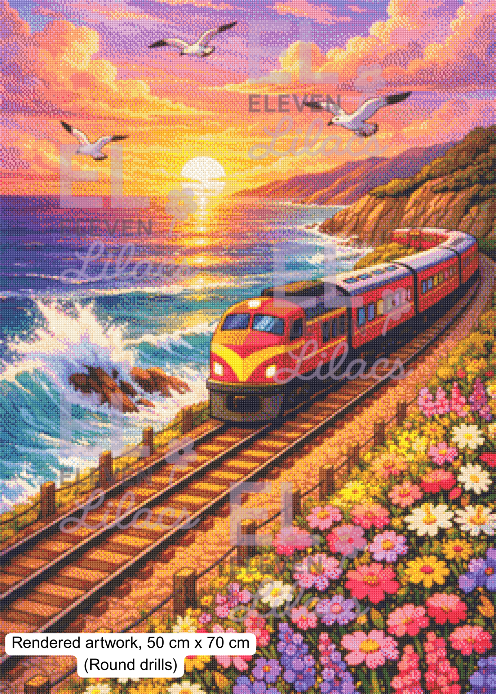 Sunset Coastal Train Diamond Painting Kit, Seaside Railway Landscape Art, Flowers Waves Diamond Art 3 Sunset Coastal Train Diamond Painting Kit round