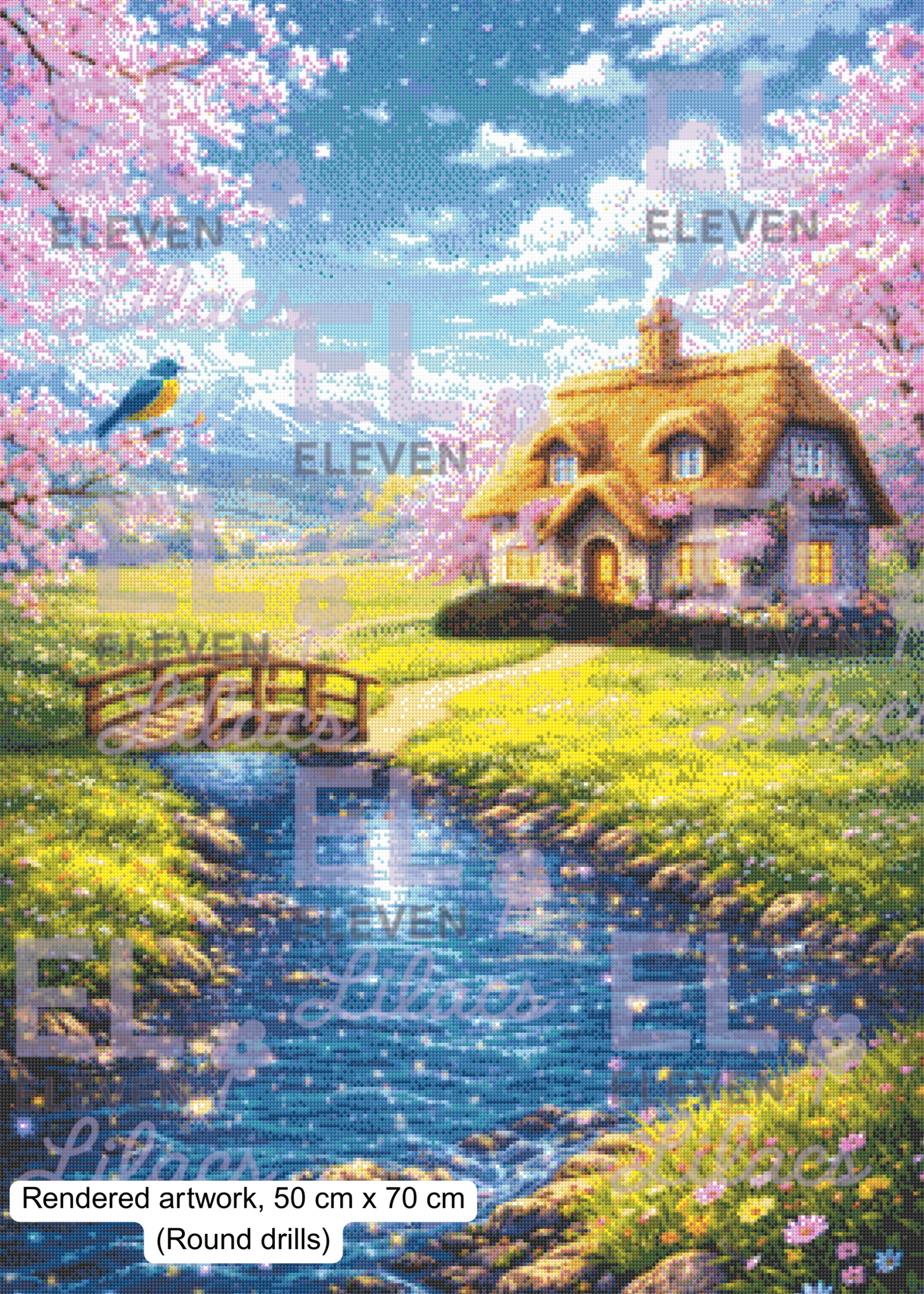 Cottage by the Stream Diamond Painting Kit, Spring Cottage Landscape Diamond Art 3 Cottage by the Stream Diamond Painting Kit round